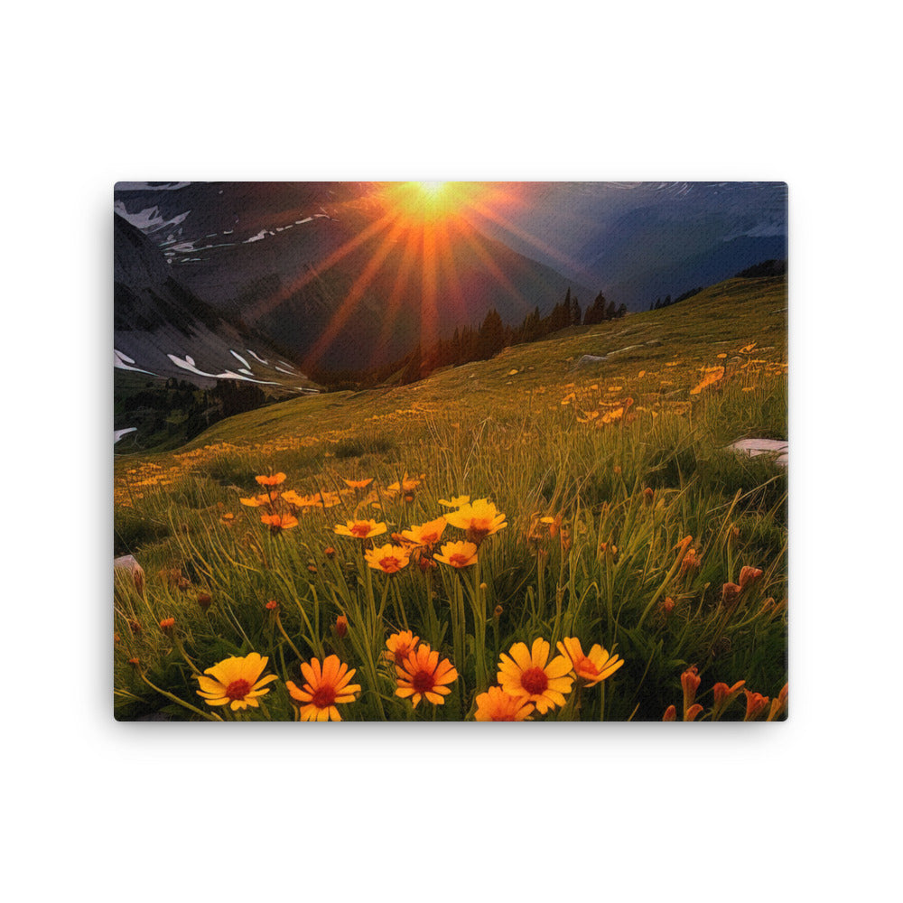 Gebirge, Sonnenblumen und Sonnenaufgang - Leinwand berge xxx 40.6 x 50.8 cm