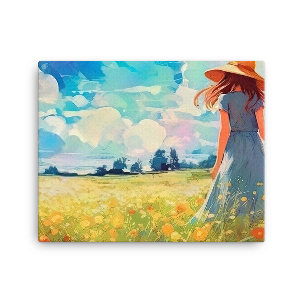 Dame mit Hut im Feld mit Blumen - Landschaftsmalerei - Leinwand camping xxx 40.6 x 50.8 cm