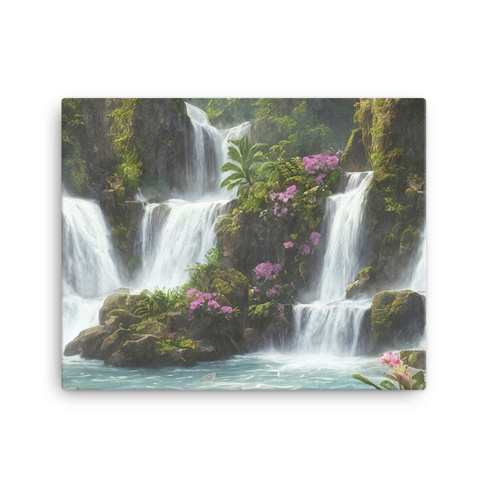Wasserfall im Wald und Blumen - Schöne Malerei - Leinwand camping xxx 40.6 x 50.8 cm