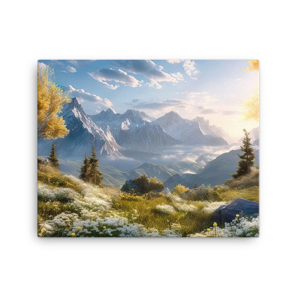 Berglandschaft mit Sonnenschein, Blumen und Bäumen - Malerei - Leinwand berge xxx 40.6 x 50.8 cm