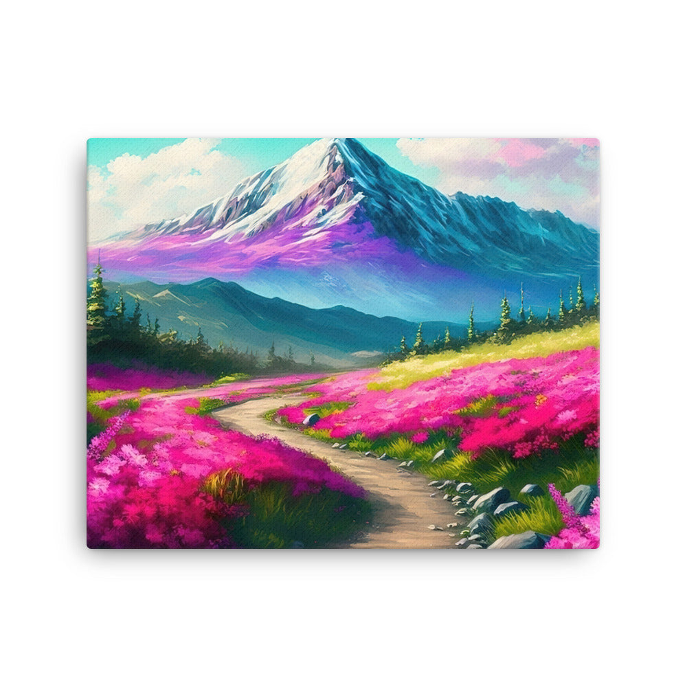 Berg, pinke Blumen und Wanderweg - Landschaftsmalerei - Leinwand berge xxx 40.6 x 50.8 cm
