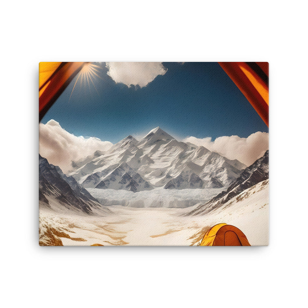 Foto aus dem Zelt - Berge und Zelte im Hintergrund - Tagesaufnahme - Leinwand camping xxx 40.6 x 50.8 cm