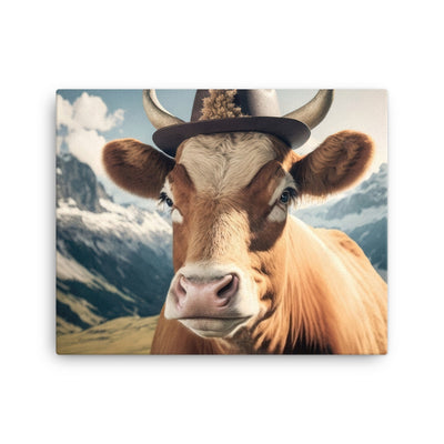 Kuh mit Hut in den Alpen - Berge im Hintergrund - Landschaftsmalerei - Leinwand berge xxx 40.6 x 50.8 cm