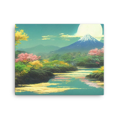 Berg, See und Wald mit pinken Bäumen - Landschaftsmalerei - Leinwand berge xxx 40.6 x 50.8 cm