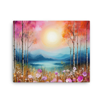 Berge, See, pinke Bäume und Blumen - Malerei - Leinwand berge xxx 40.6 x 50.8 cm