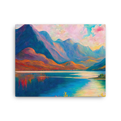 Berglandschaft und Bergsee - Farbige Ölmalerei - Leinwand berge xxx 40.6 x 50.8 cm