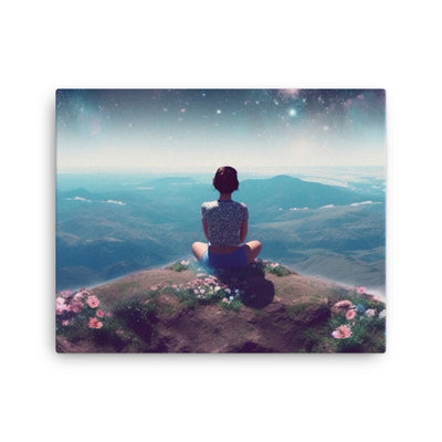Frau sitzt auf Berg – Cosmos und Sterne im Hintergrund - Landschaftsmalerei - Leinwand berge xxx 40.6 x 50.8 cm