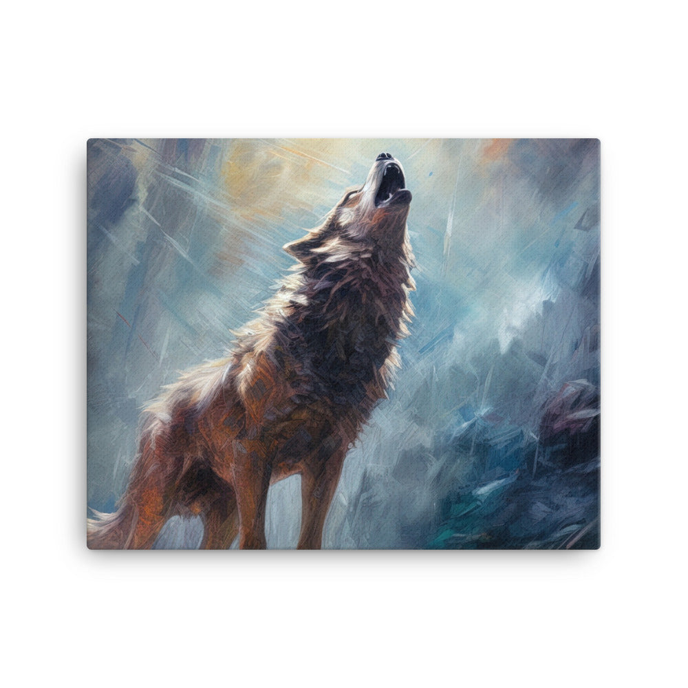 Heulender Wolf auf Berggipfel und Mond im Hintergrund – Abstrakte Malerei - Leinwand camping xxx 40.6 x 50.8 cm