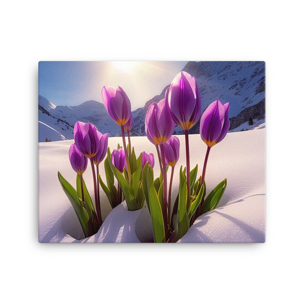 Tulpen im Schnee und in den Bergen - Blumen im Winter - Leinwand berge xxx 40.6 x 50.8 cm