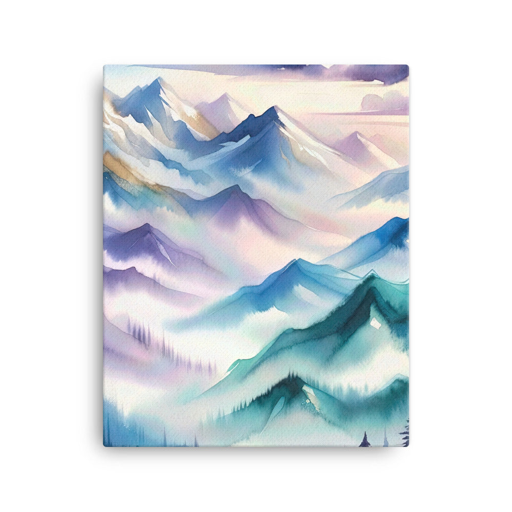 Ein Aquarellgemälde der Alpen in einem sanften, traumhaften Stil. Die Berge werden in Strichen mit Gold wiedergegeben - Leinwand berge xxx yyy zzz 40.6 x 50.8 cm
