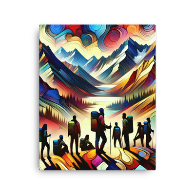 Abstraktes Kunstgemälde der Alpen voller lebendiger Muster. Ein vielfältiges Wanderteam, sowohl Männer als auch Frauen - Leinwand wandern xxx yyy zzz 40.6 x 50.8 cm