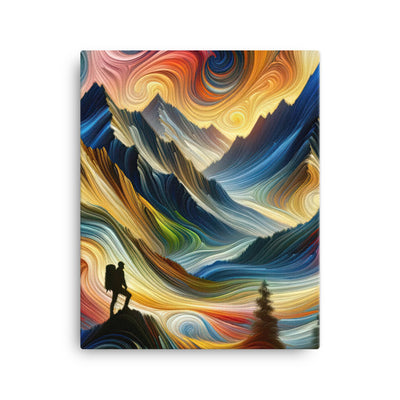 Abstraktes Kunstgemälde der Alpen mit wirbelnden, lebendigen Farben und dynamischen Mustern. Wanderer Silhouette - Leinwand wandern xxx yyy zzz 40.6 x 50.8 cm