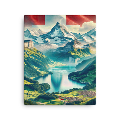 Berg Panorama: Schneeberge und Täler mit Schweizer Flagge - Leinwand berge xxx yyy zzz 40.6 x 50.8 cm