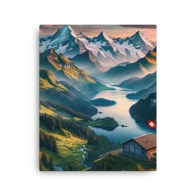 Schweizer Flagge, Alpenidylle: Dämmerlicht, epische Berge und stille Gewässer - Leinwand berge xxx yyy zzz 40.6 x 50.8 cm
