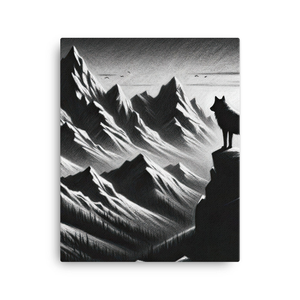 Kohlezeichnung, die die stille Stille der Alpen in der Winterdämmerung verkörpert. Wolf auf einem Berghügel (AN) - Leinwand xxx yyy zzz 40.6 x 50.8 cm
