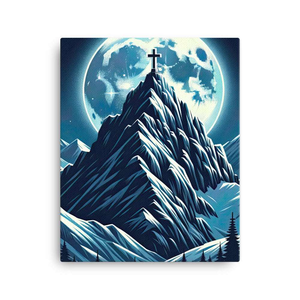 Mondnacht und Gipfelkreuz in den Alpen, glitzernde Schneegipfel - Leinwand berge xxx yyy zzz 40.6 x 50.8 cm