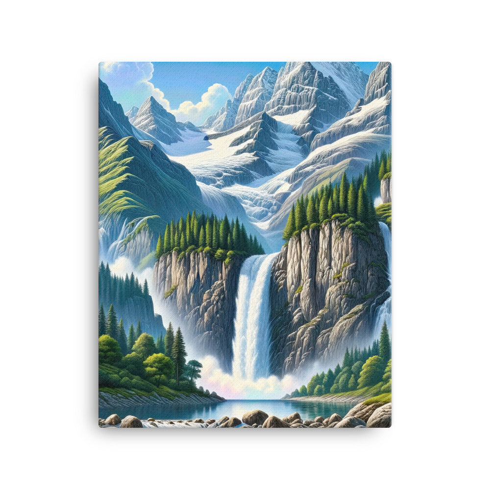 Illustration einer unberührten Alpenkulisse im Hochsommer. Wasserfall und See - Leinwand berge xxx yyy zzz 40.6 x 50.8 cm
