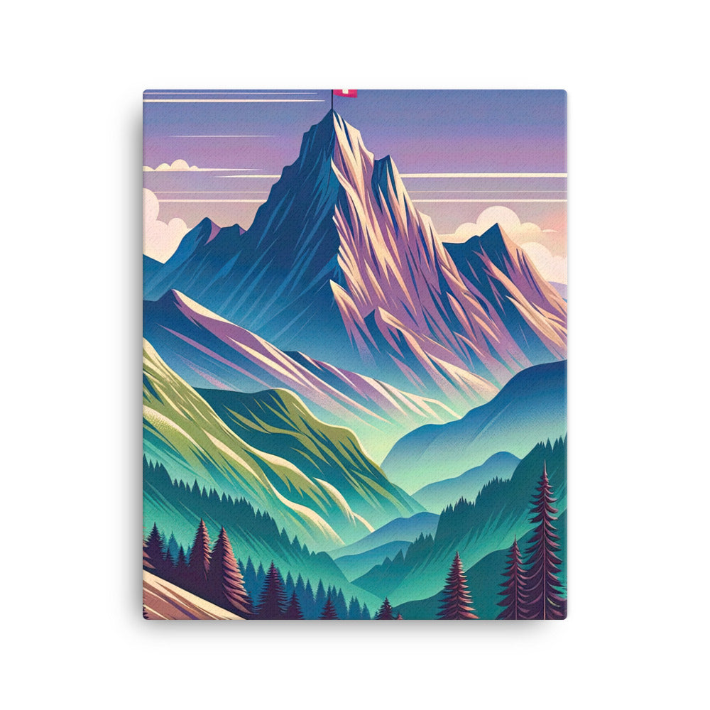 Harmonische Berglandschaft mit Schweizer Flagge auf Gipfel - Leinwand berge xxx yyy zzz 40.6 x 50.8 cm