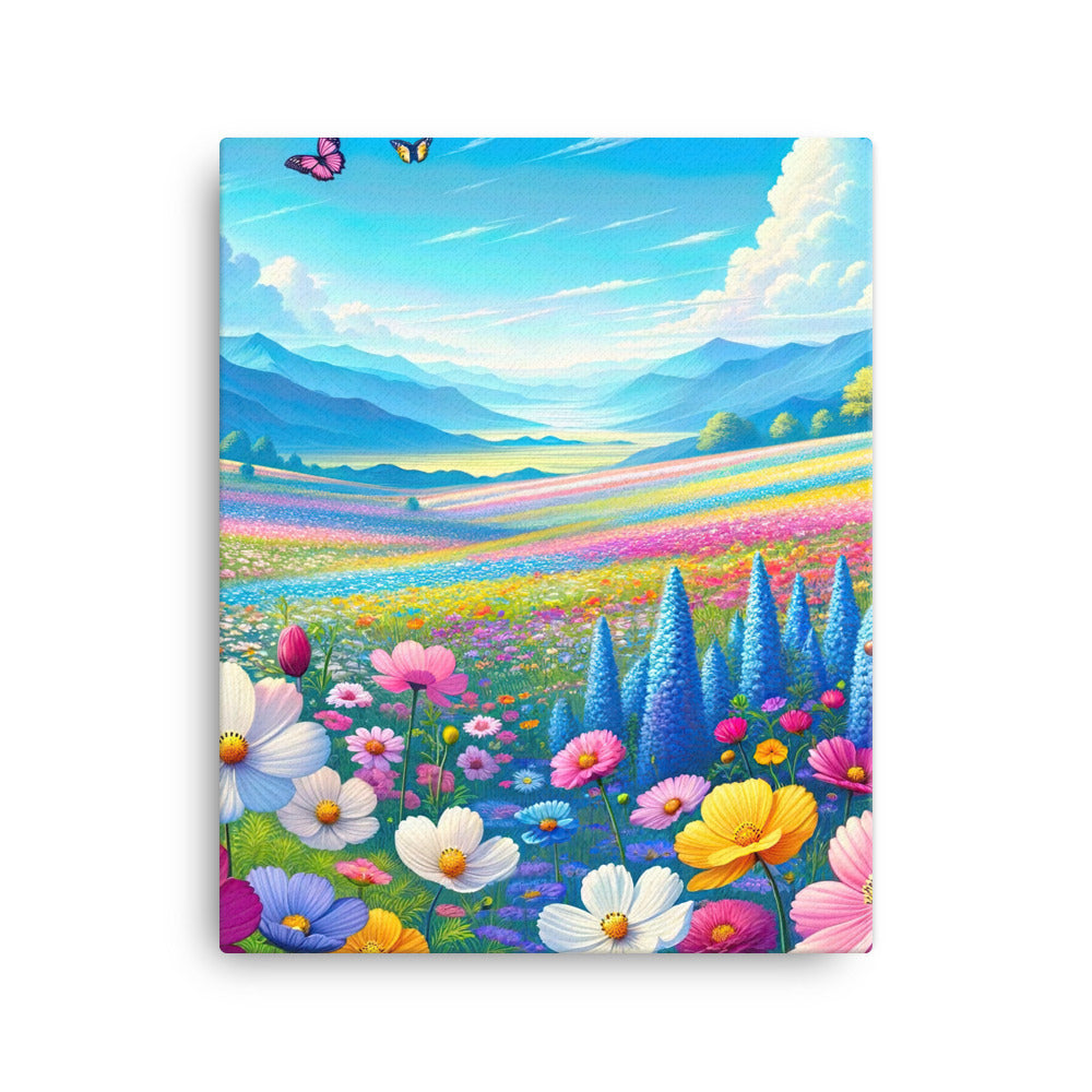 Weitläufiges Blumenfeld unter himmelblauem Himmel, leuchtende Flora - Leinwand camping xxx yyy zzz 40.6 x 50.8 cm