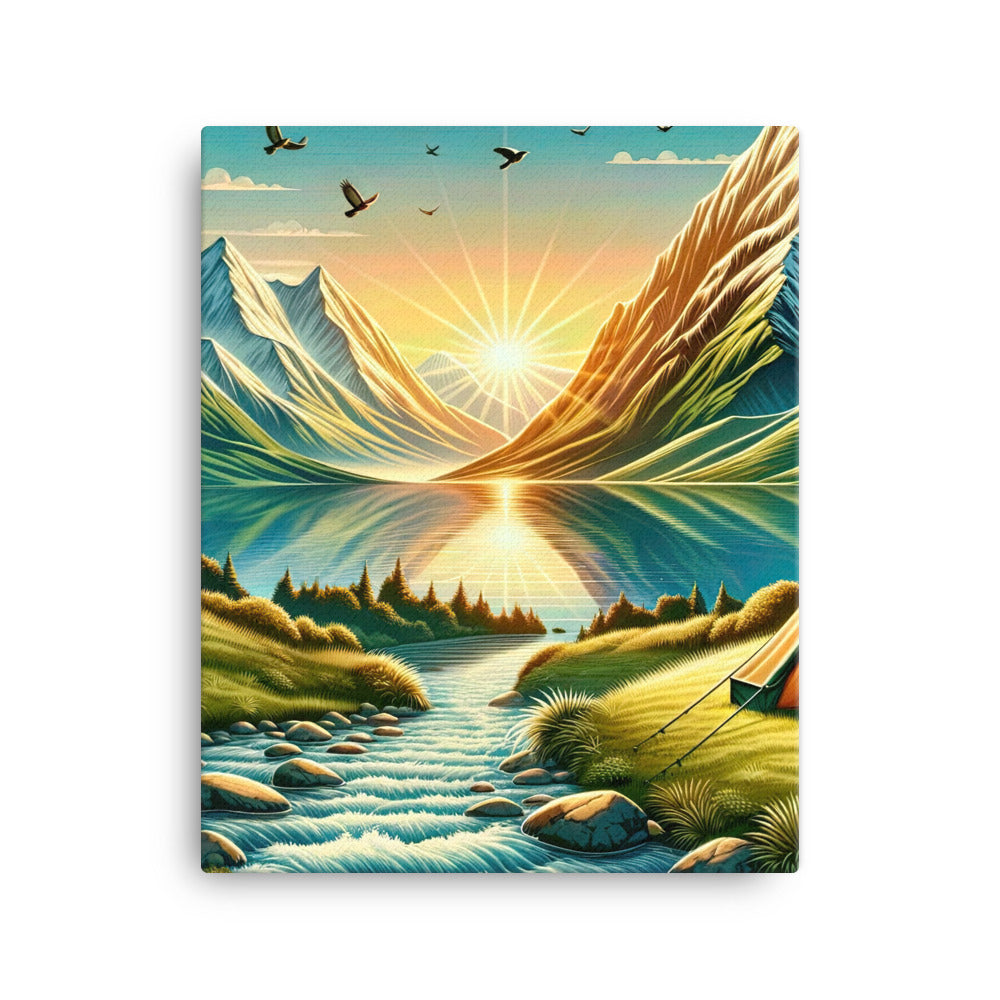 Zelt im Alpenmorgen mit goldenem Licht, Schneebergen und unberührten Seen - Leinwand berge xxx yyy zzz 40.6 x 50.8 cm