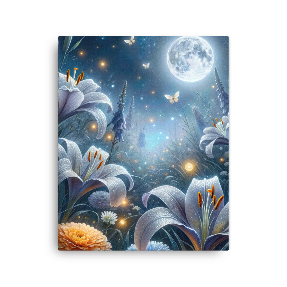 Ätherische Mondnacht auf blühender Wiese, silbriger Blumenglanz - Leinwand camping xxx yyy zzz 40.6 x 50.8 cm