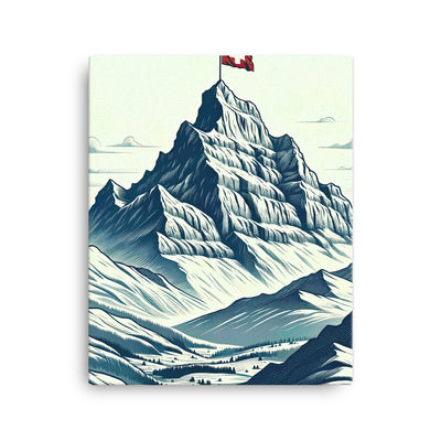 Ausgedehnte Bergkette mit dominierendem Gipfel und wehender Schweizer Flagge - Leinwand berge xxx yyy zzz 40.6 x 50.8 cm