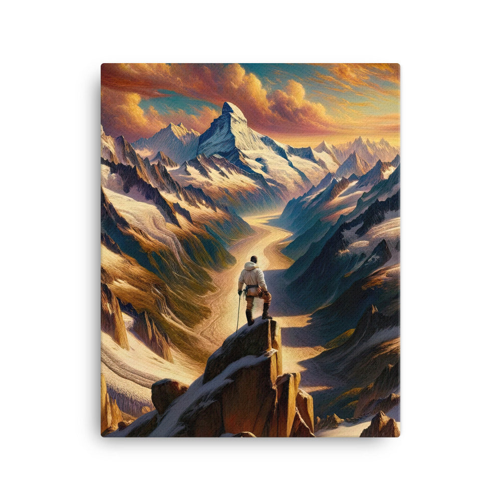 Ölgemälde eines Wanderers auf einem Hügel mit Panoramablick auf schneebedeckte Alpen und goldenen Himmel - Leinwand wandern xxx yyy zzz 40.6 x 50.8 cm