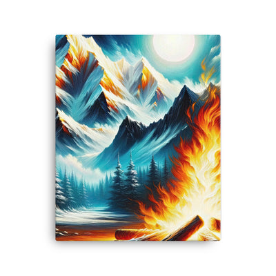Ölgemälde von Feuer und Eis: Lagerfeuer und Alpen im Kontrast, warme Flammen - Leinwand camping xxx yyy zzz 40.6 x 50.8 cm