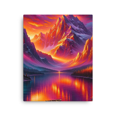Ölgemälde eines Bootes auf einem Bergsee bei Sonnenuntergang, lebendige Orange-Lila Töne - Leinwand berge xxx yyy zzz 40.6 x 50.8 cm