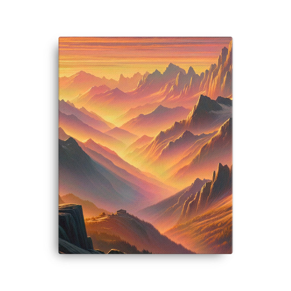Ölgemälde der Alpen in der goldenen Stunde mit Wanderer, Orange-Rosa Bergpanorama - Leinwand wandern xxx yyy zzz 40.6 x 50.8 cm
