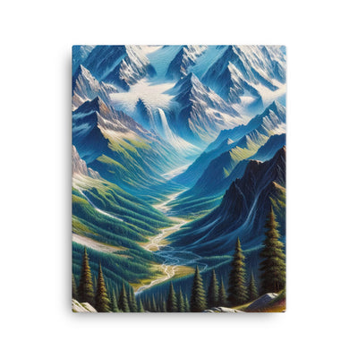 Panorama-Ölgemälde der Alpen mit schneebedeckten Gipfeln und schlängelnden Flusstälern - Leinwand berge xxx yyy zzz 40.6 x 50.8 cm
