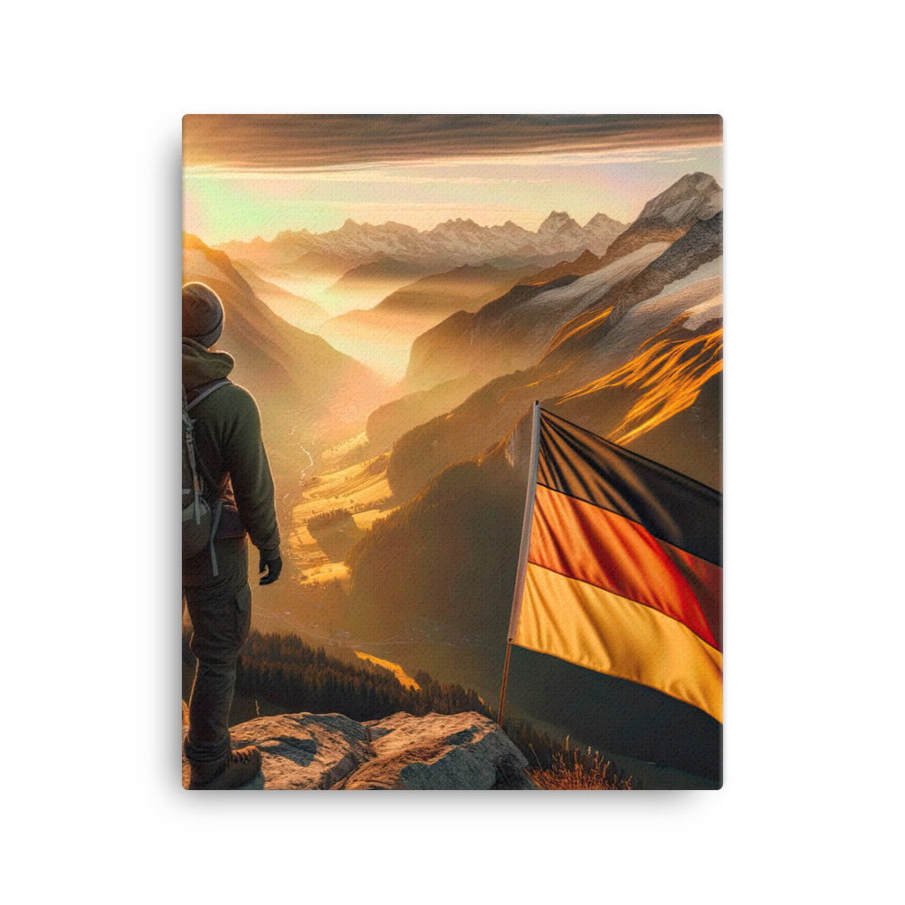 Foto der Alpen bei Sonnenuntergang mit deutscher Flagge und Wanderer, goldenes Licht auf Schneegipfeln - Leinwand berge xxx yyy zzz 40.6 x 50.8 cm