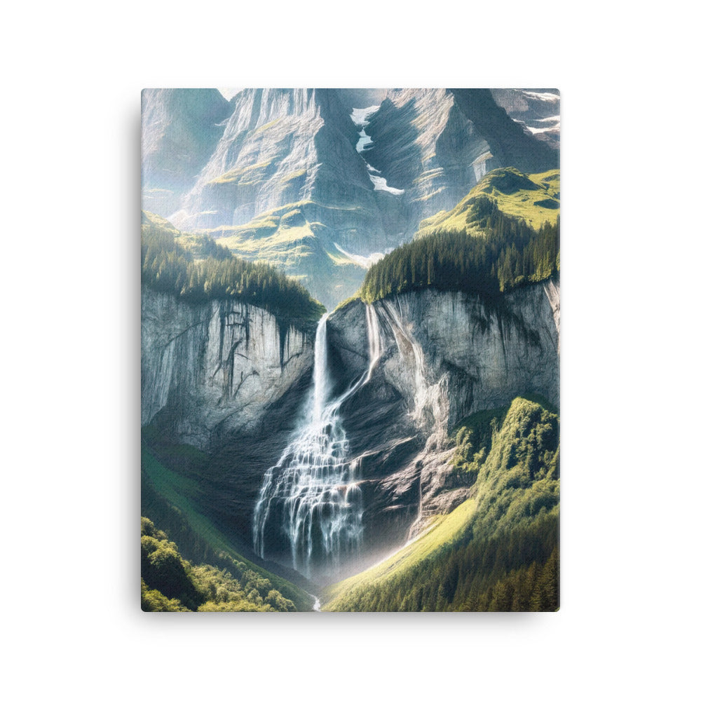 Foto der sommerlichen Alpen mit üppigen Gipfeln und Wasserfall - Leinwand berge xxx yyy zzz 40.6 x 50.8 cm