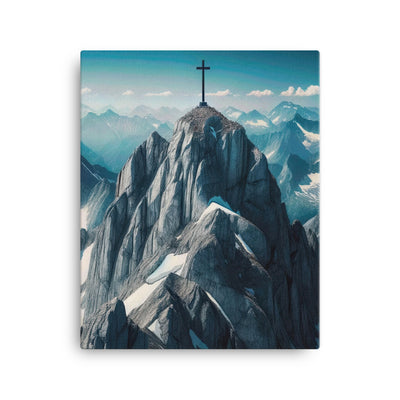 Foto der Alpen mit Gipfelkreuz an einem klaren Tag, schneebedeckte Spitzen vor blauem Himmel - Leinwand berge xxx yyy zzz 40.6 x 50.8 cm