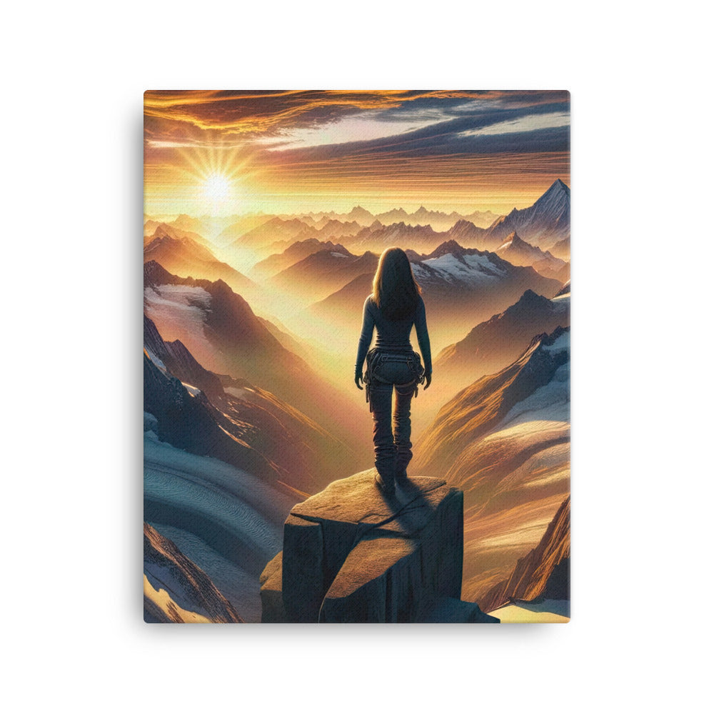 Fotorealistische Darstellung der Alpen bei Sonnenaufgang, Wanderin unter einem gold-purpurnen Himmel - Leinwand wandern xxx yyy zzz 40.6 x 50.8 cm