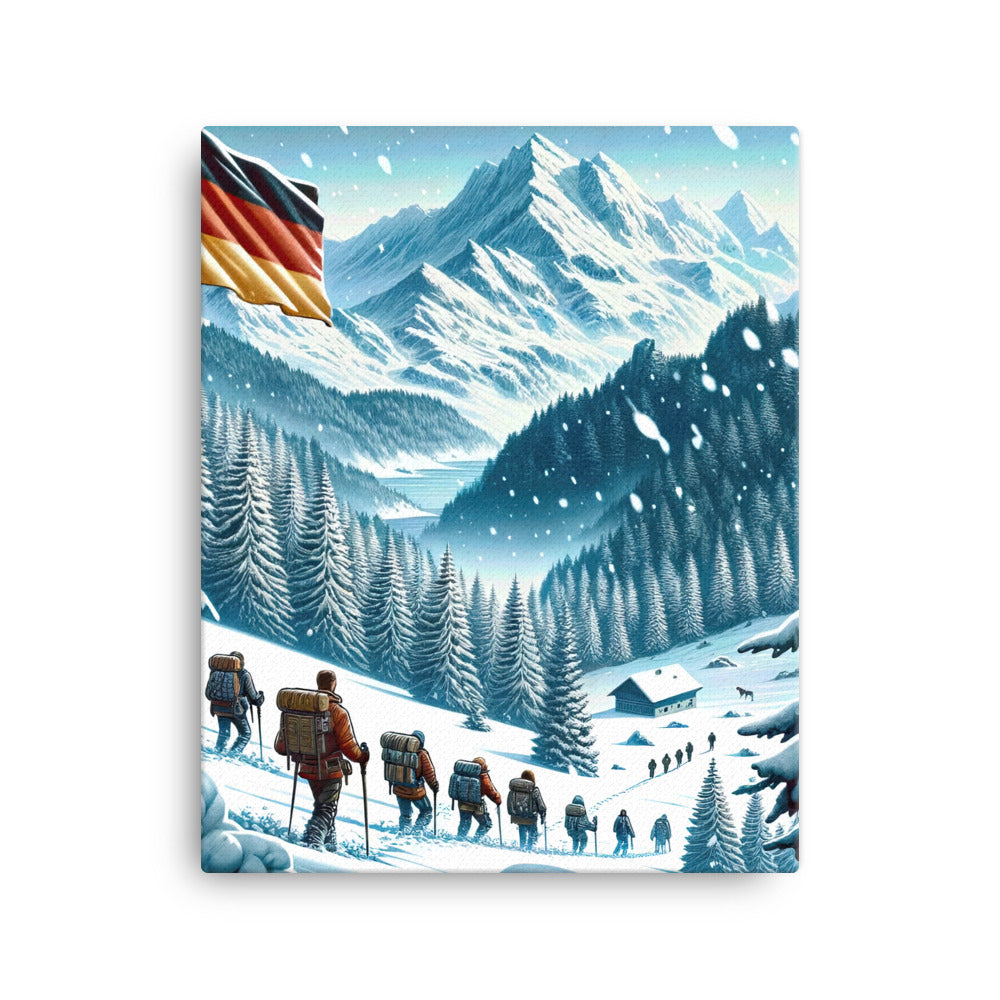 Quadratische Winterillustration der Alpen mit deutscher Flagge und Wanderteam - Leinwand wandern xxx yyy zzz 40.6 x 50.8 cm