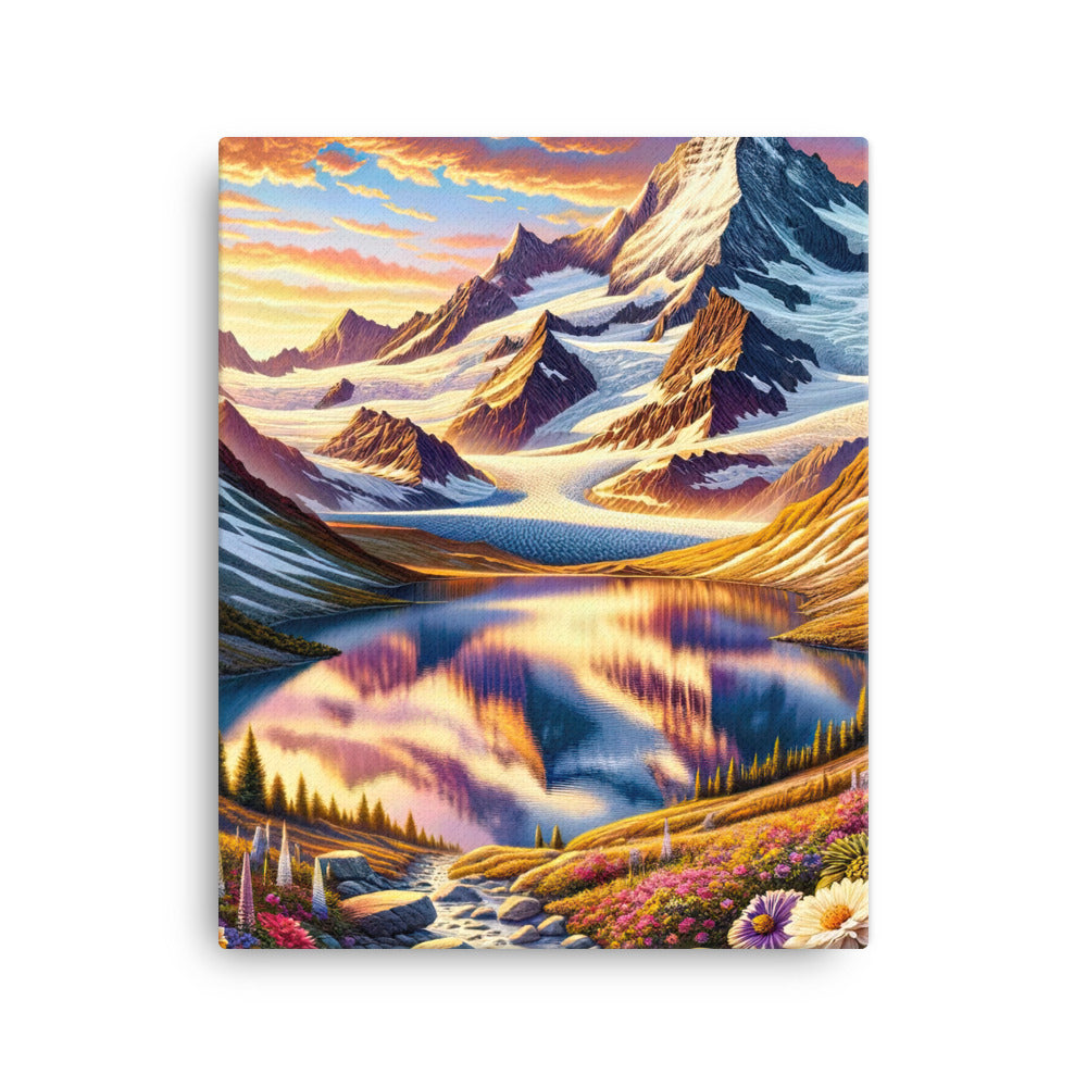 Quadratische Illustration der Alpen mit schneebedeckten Gipfeln und Wildblumen - Leinwand berge xxx yyy zzz 40.6 x 50.8 cm