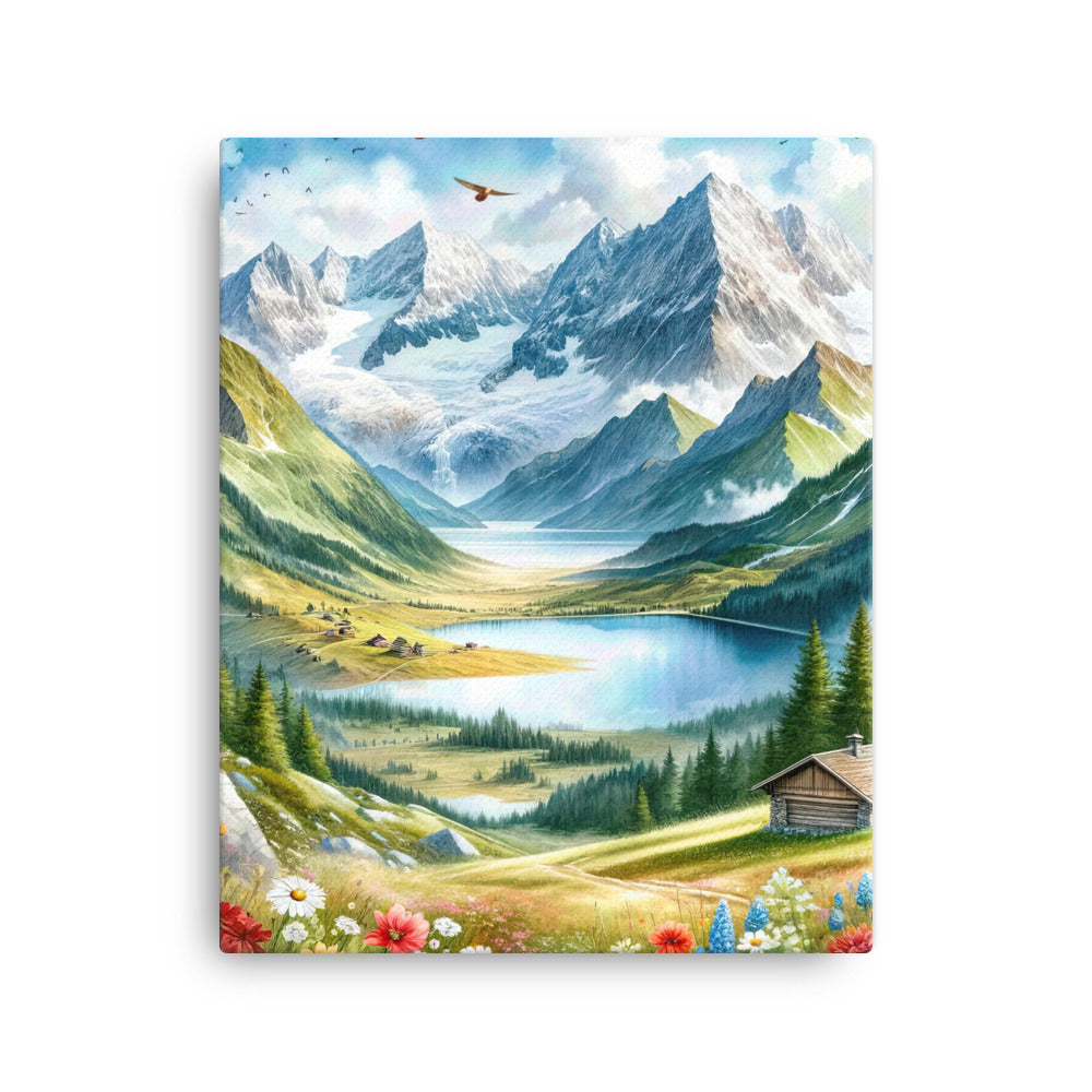 Quadratisches Aquarell der Alpen, Berge mit schneebedeckten Spitzen - Leinwand berge xxx yyy zzz 40.6 x 50.8 cm