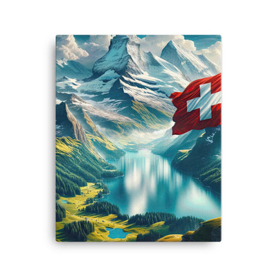 Ultraepische, fotorealistische Darstellung der Schweizer Alpenlandschaft mit Schweizer Flagge - Leinwand berge xxx yyy zzz 40.6 x 50.8 cm