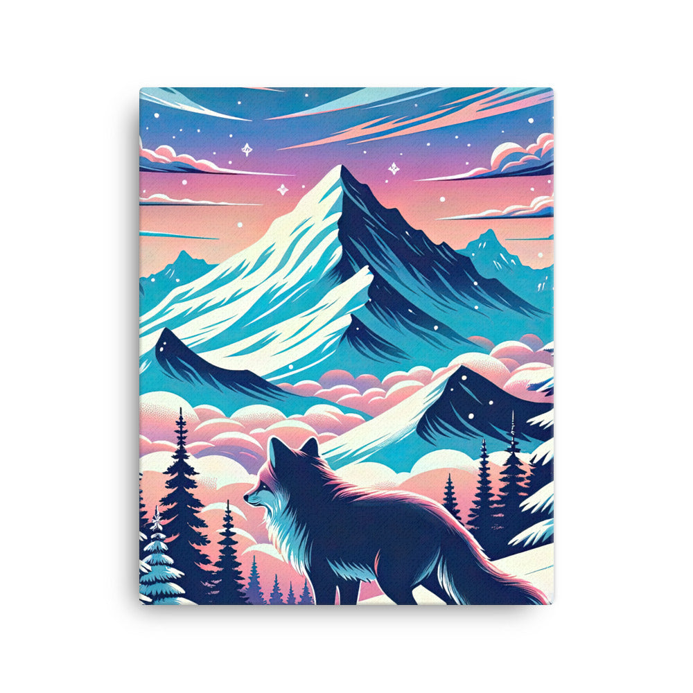 Vektorgrafik eines alpinen Winterwunderlandes mit schneebedeckten Kiefern und einem Fuchs - Leinwand camping xxx yyy zzz 40.6 x 50.8 cm