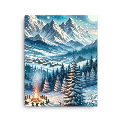 Aquarell eines Winterabends in den Alpen mit Lagerfeuer und Wanderern, glitzernder Neuschnee - Leinwand camping xxx yyy zzz 40.6 x 50.8 cm