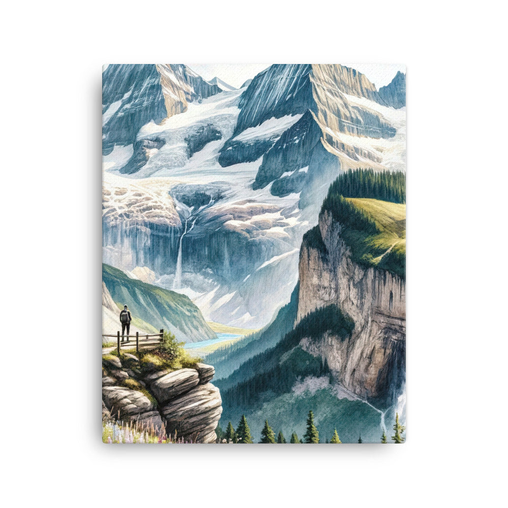 Aquarell-Panoramablick der Alpen mit schneebedeckten Gipfeln, Wasserfällen und Wanderern - Leinwand wandern xxx yyy zzz 40.6 x 50.8 cm
