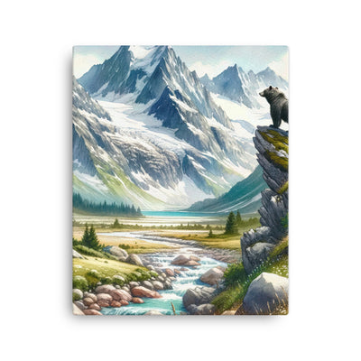 Aquarellmalerei eines Bären und der sommerlichen Alpenschönheit mit schneebedeckten Ketten - Leinwand camping xxx yyy zzz 40.6 x 50.8 cm