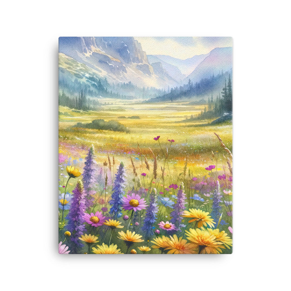 Aquarell einer Almwiese in Ruhe, Wildblumenteppich in Gelb, Lila, Rosa - Leinwand berge xxx yyy zzz 40.6 x 50.8 cm