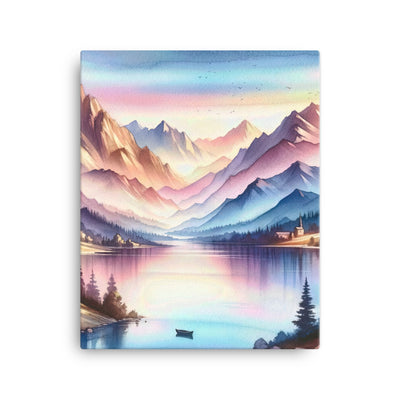 Aquarell einer Dämmerung in den Alpen, Boot auf einem See in Pastell-Licht - Leinwand berge xxx yyy zzz 40.6 x 50.8 cm