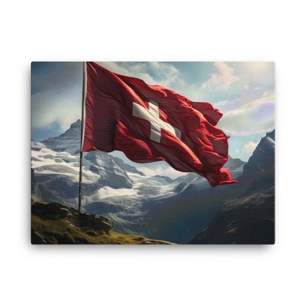 Schweizer Flagge und Berge im Hintergrund - Fotorealistische Malerei - Leinwand berge xxx 45.7 x 61 cm