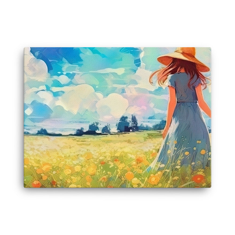 Dame mit Hut im Feld mit Blumen - Landschaftsmalerei - Leinwand camping xxx 45.7 x 61 cm