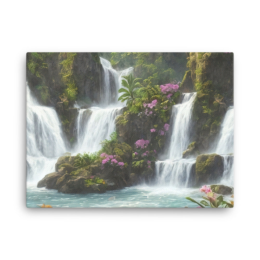 Wasserfall im Wald und Blumen - Schöne Malerei - Leinwand camping xxx 45.7 x 61 cm