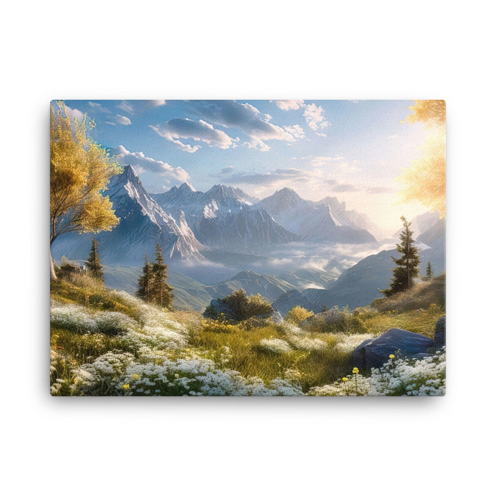 Berglandschaft mit Sonnenschein, Blumen und Bäumen - Malerei - Leinwand berge xxx 45.7 x 61 cm