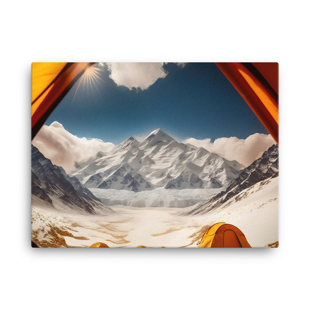 Foto aus dem Zelt - Berge und Zelte im Hintergrund - Tagesaufnahme - Leinwand camping xxx 45.7 x 61 cm